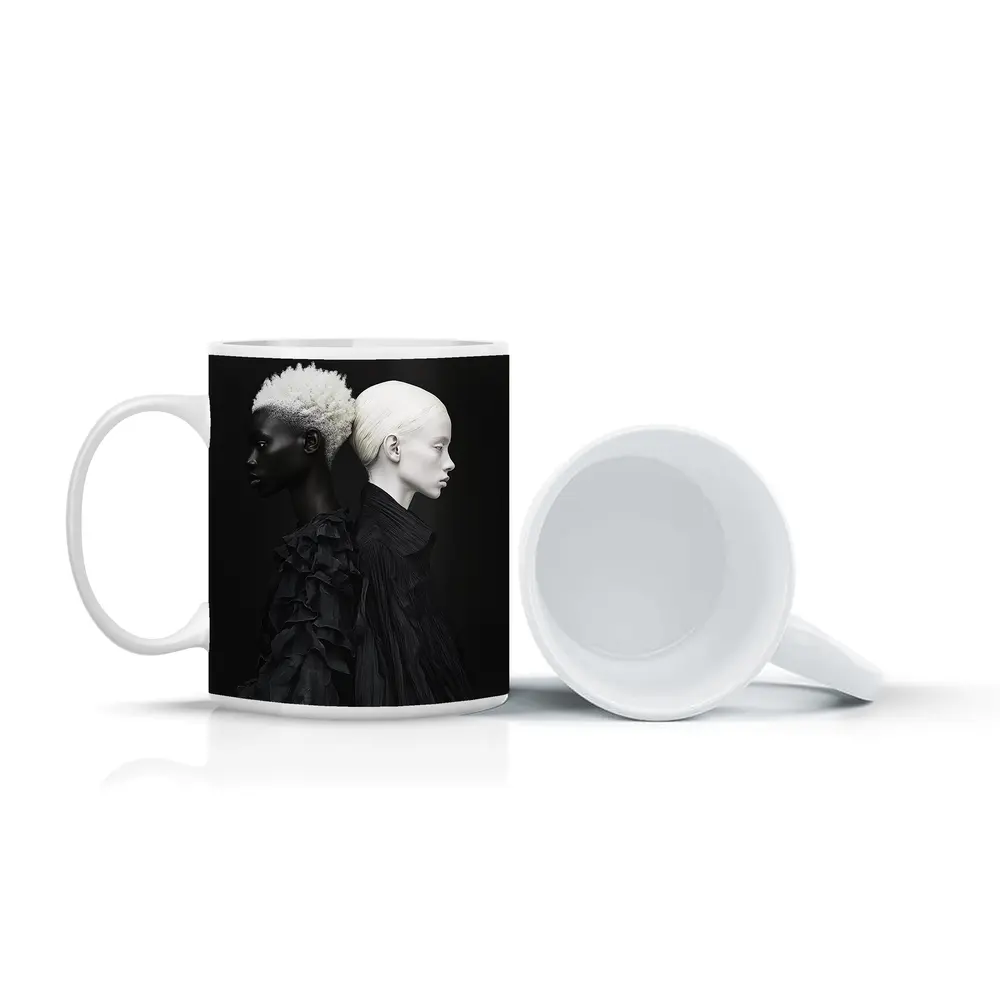 Two Women Black Fashion Portrait Dark Background – Mugs