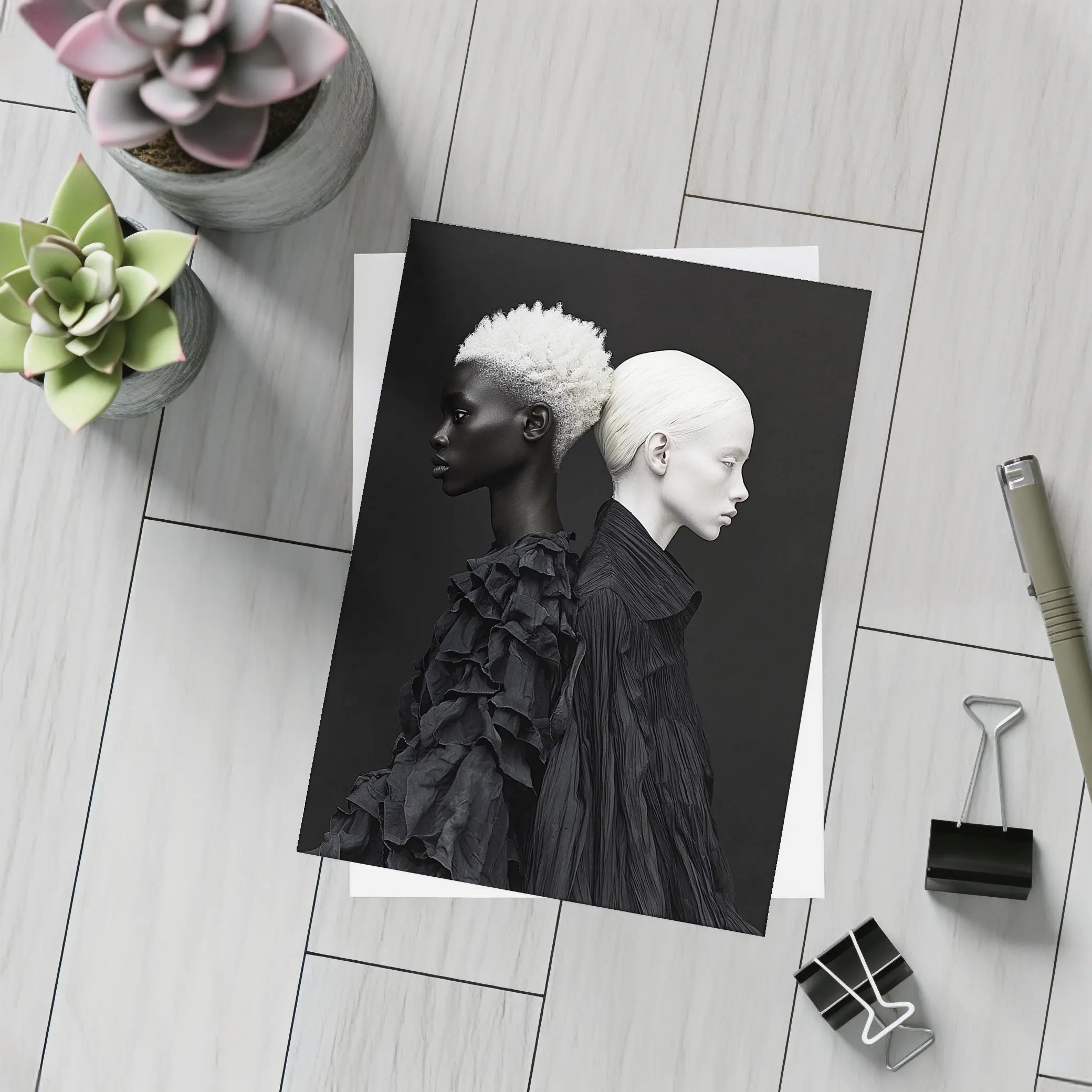 Two Women Black Fashion Portrait Dark Background – Postcards