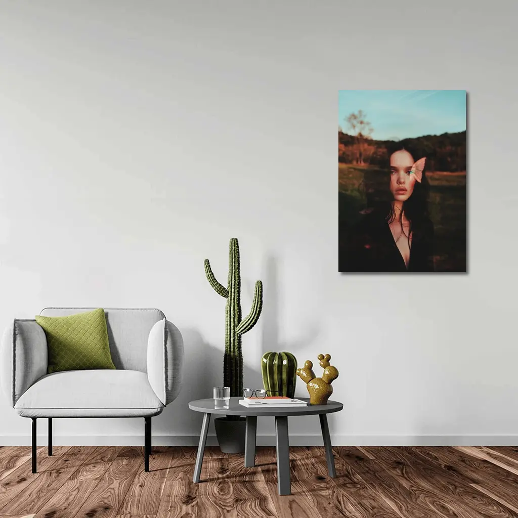 Young Woman With Pink Butterfly Outdoor – Wall Art
