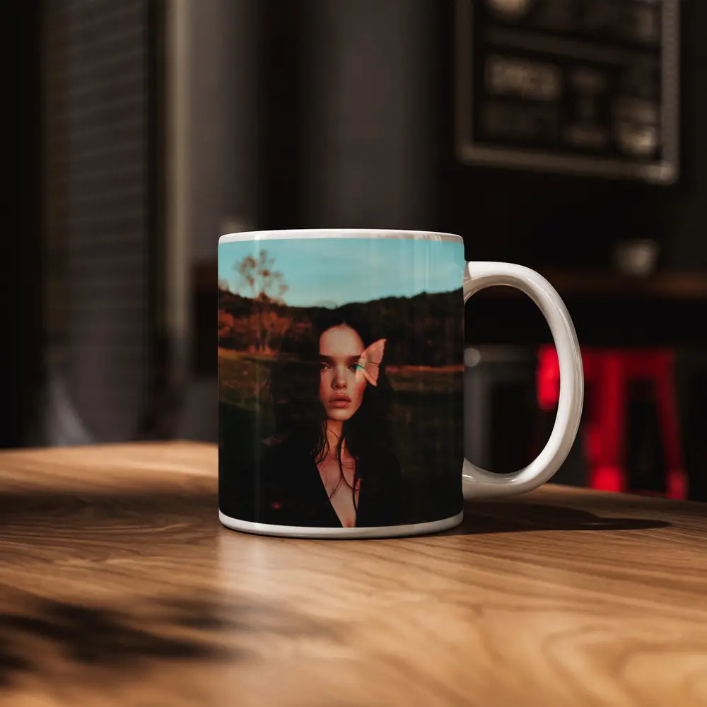 Young Woman With Pink Butterfly Outdoor – Mugs