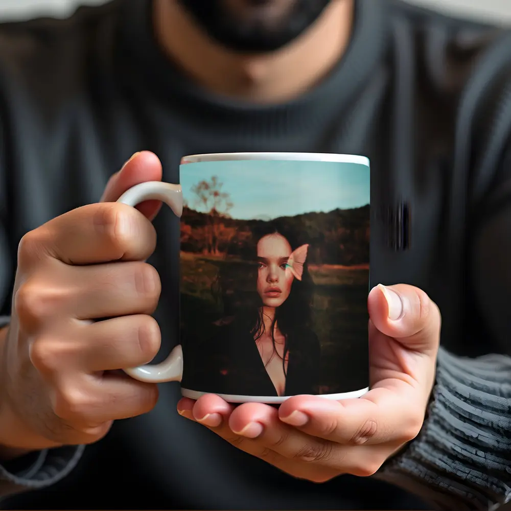 Young Woman With Pink Butterfly Outdoor – Mugs