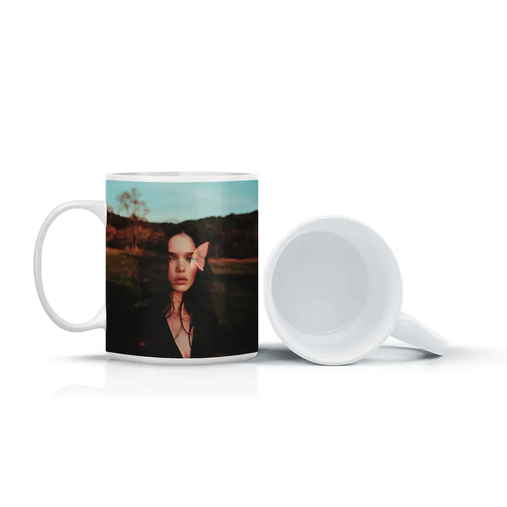 Young Woman With Pink Butterfly Outdoor – Mugs