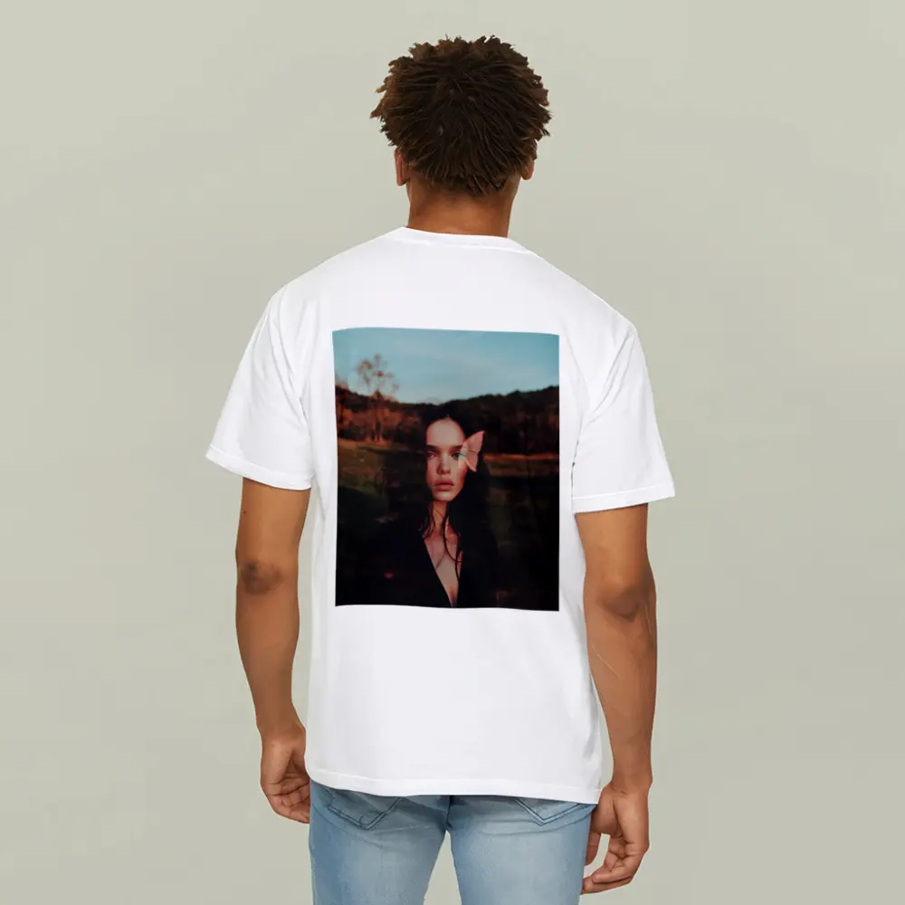 Young Woman With Pink Butterfly Outdoor – T-Shirts