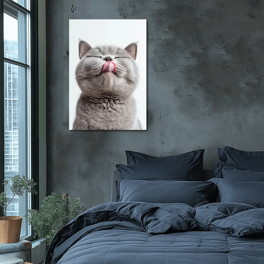 Gray British Shorthair Cat Licking Lips – Wall Art