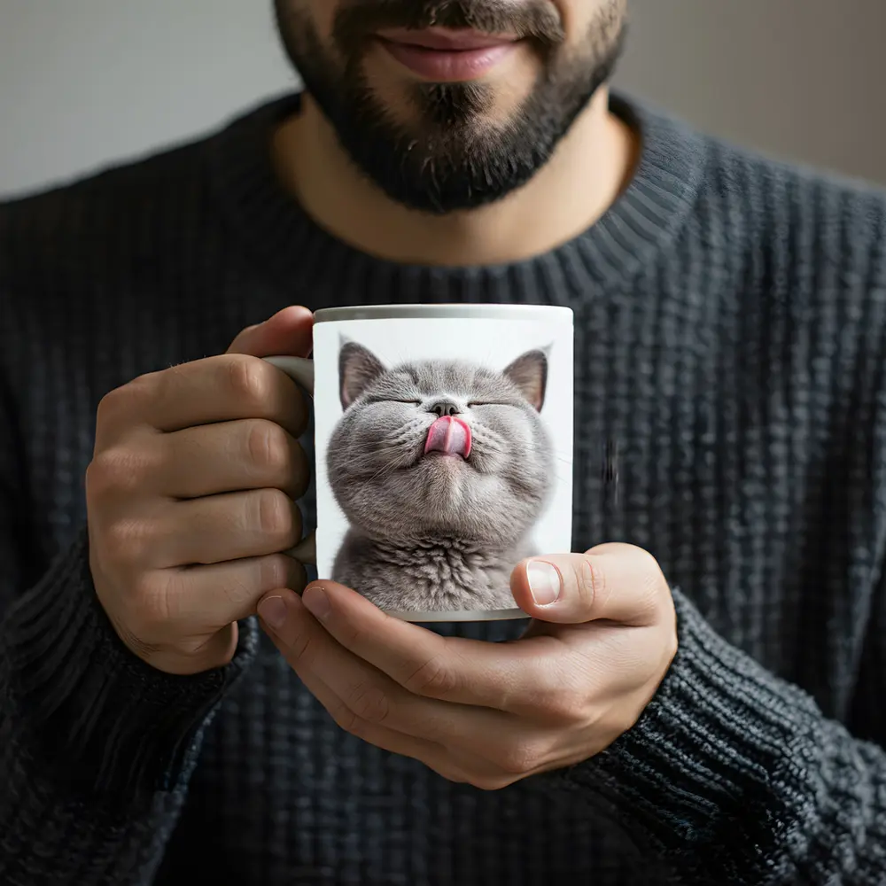 Gray British Shorthair Cat Licking Lips – Mugs