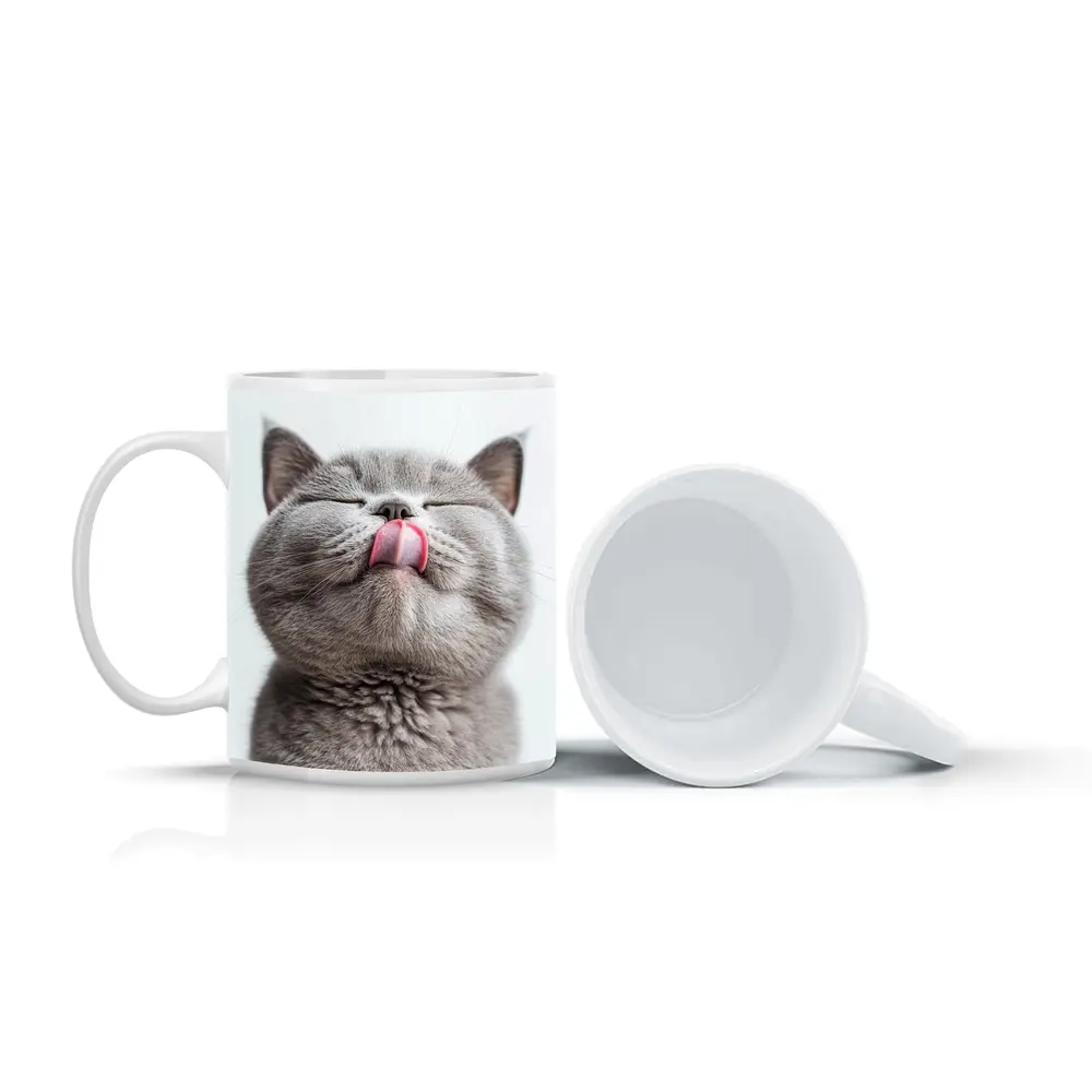 Gray British Shorthair Cat Licking Lips – Mugs