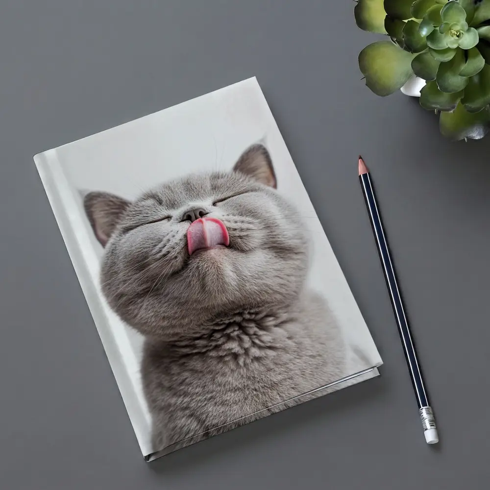 Gray British Shorthair Cat Licking Lips – Notebooks