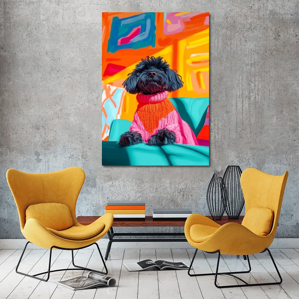 Black Poodle Pink Sweater Colorful Abstract Background – Wall Art