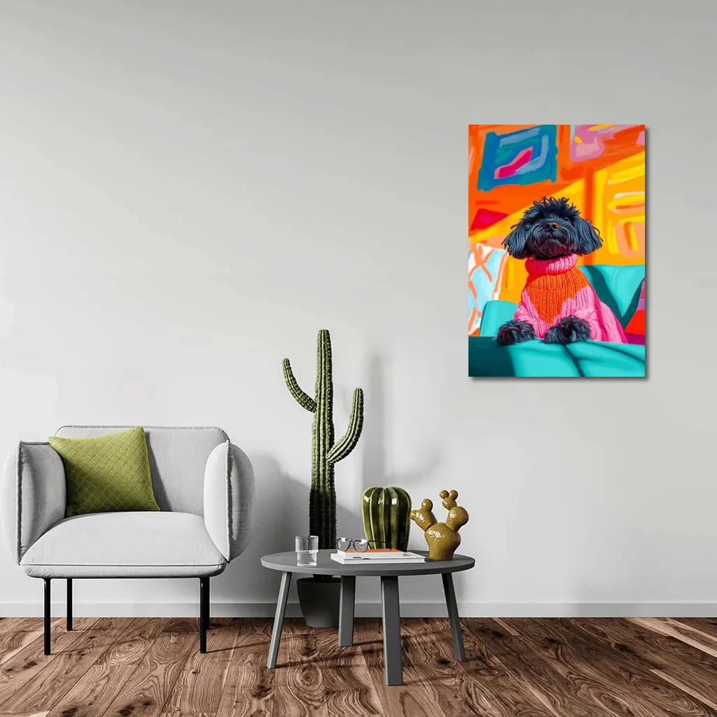 Black Poodle Pink Sweater Colorful Abstract Background – Wall Art