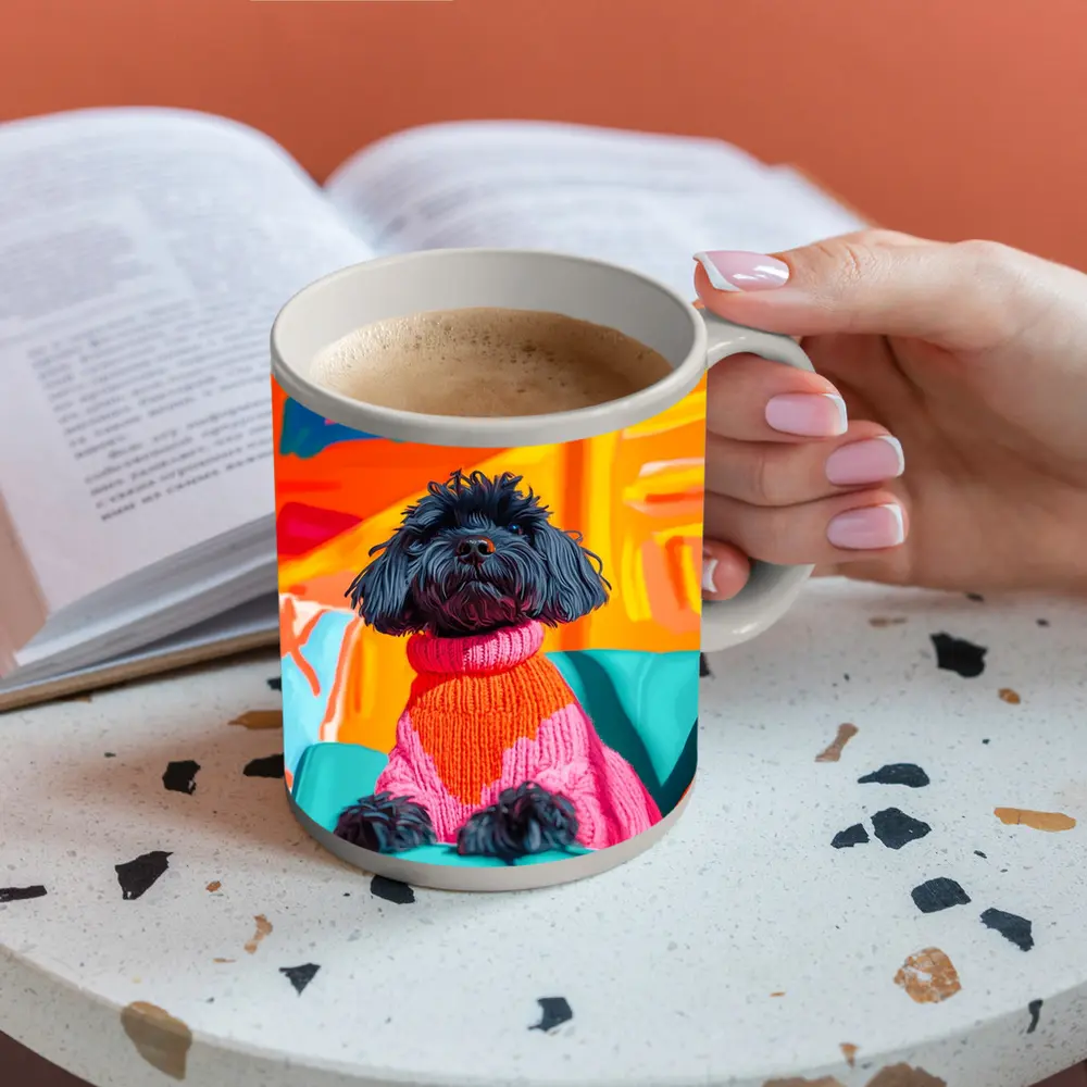 Black Poodle Pink Sweater Colorful Abstract Background – Mugs