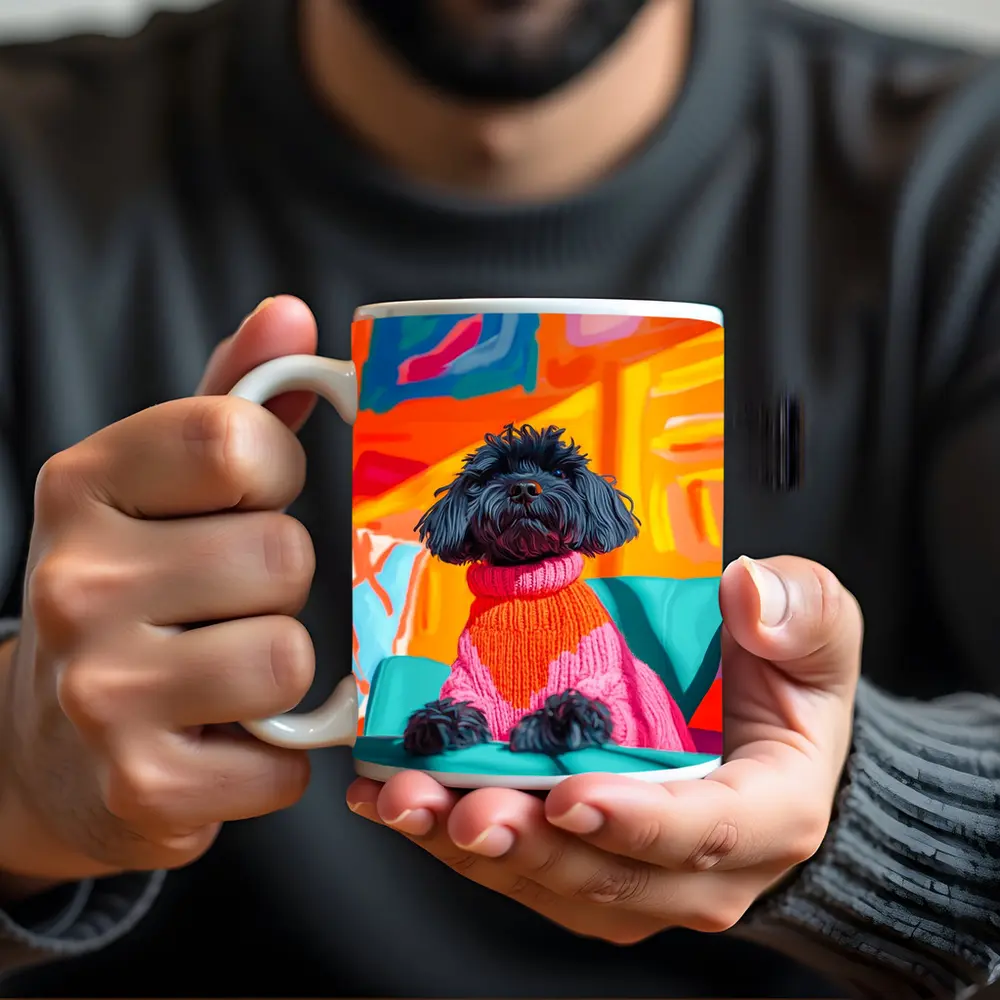 Black Poodle Pink Sweater Colorful Abstract Background – Mugs