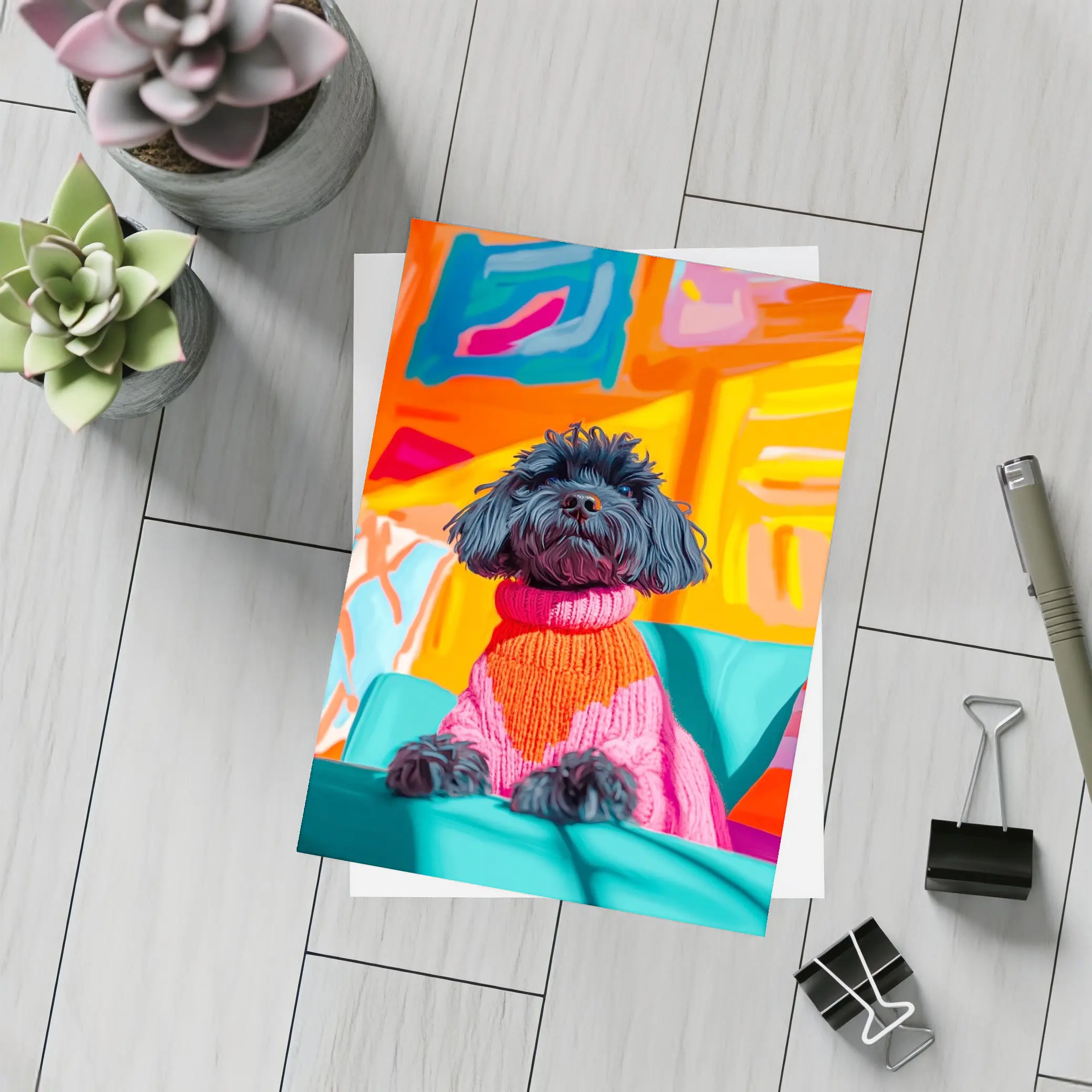 Black Poodle Pink Sweater Colorful Abstract Background – Postcards