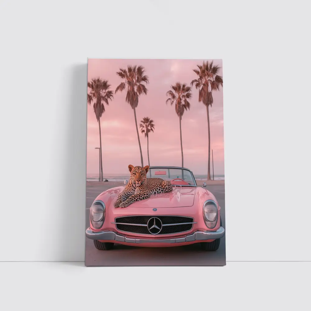 Leopard on Pink Mercedes Classic Car Beach – Wall Art