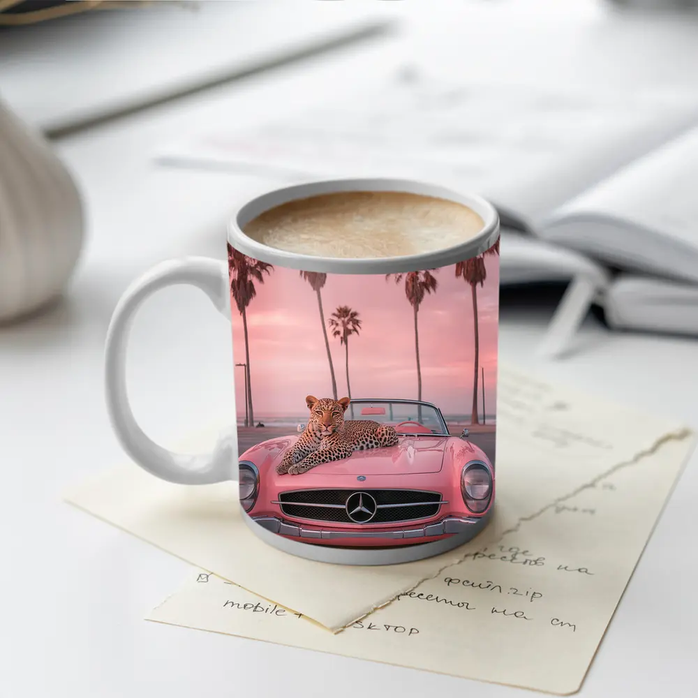 Leopard on Pink Mercedes Classic Car Beach – Mugs