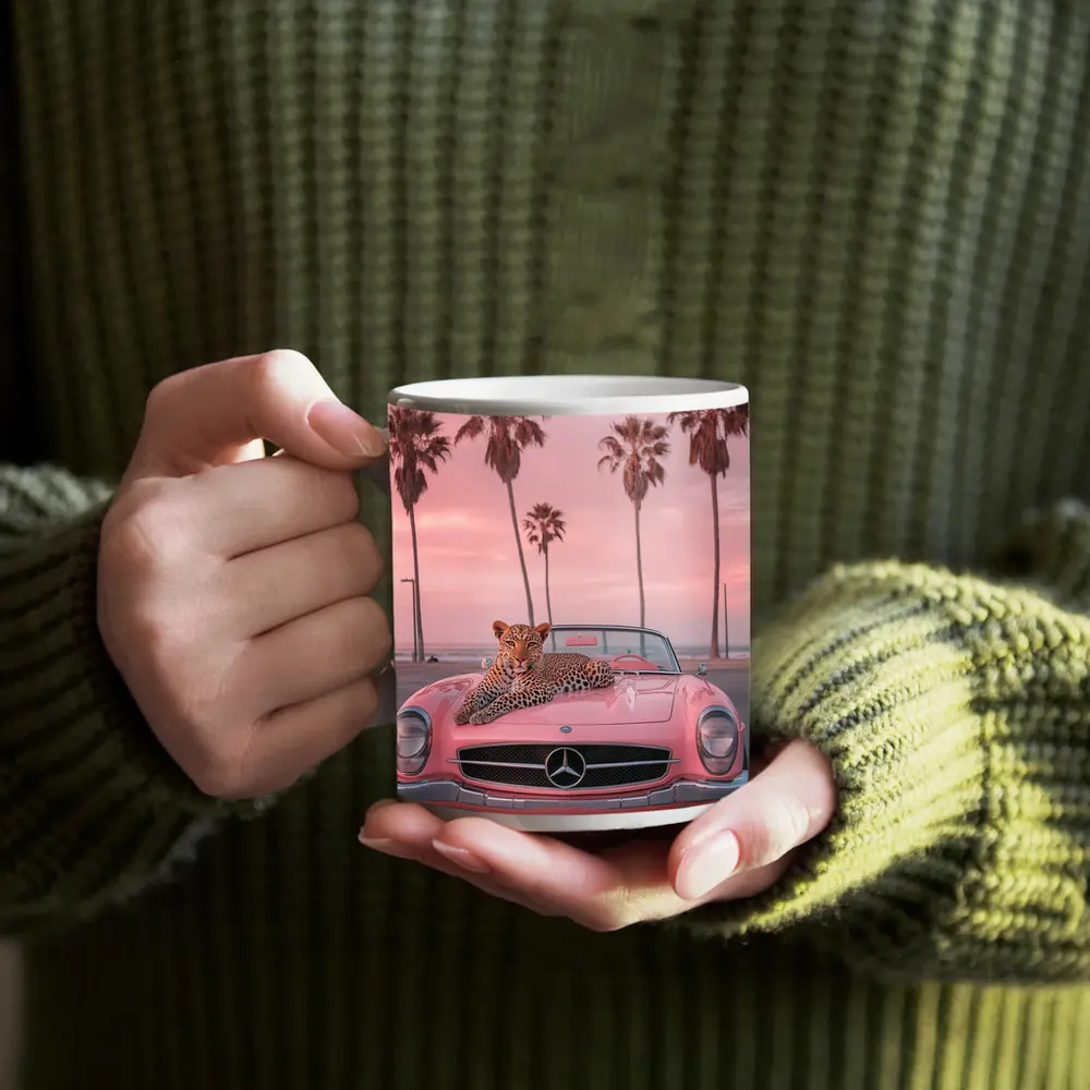 Leopard on Pink Mercedes Classic Car Beach – Mugs