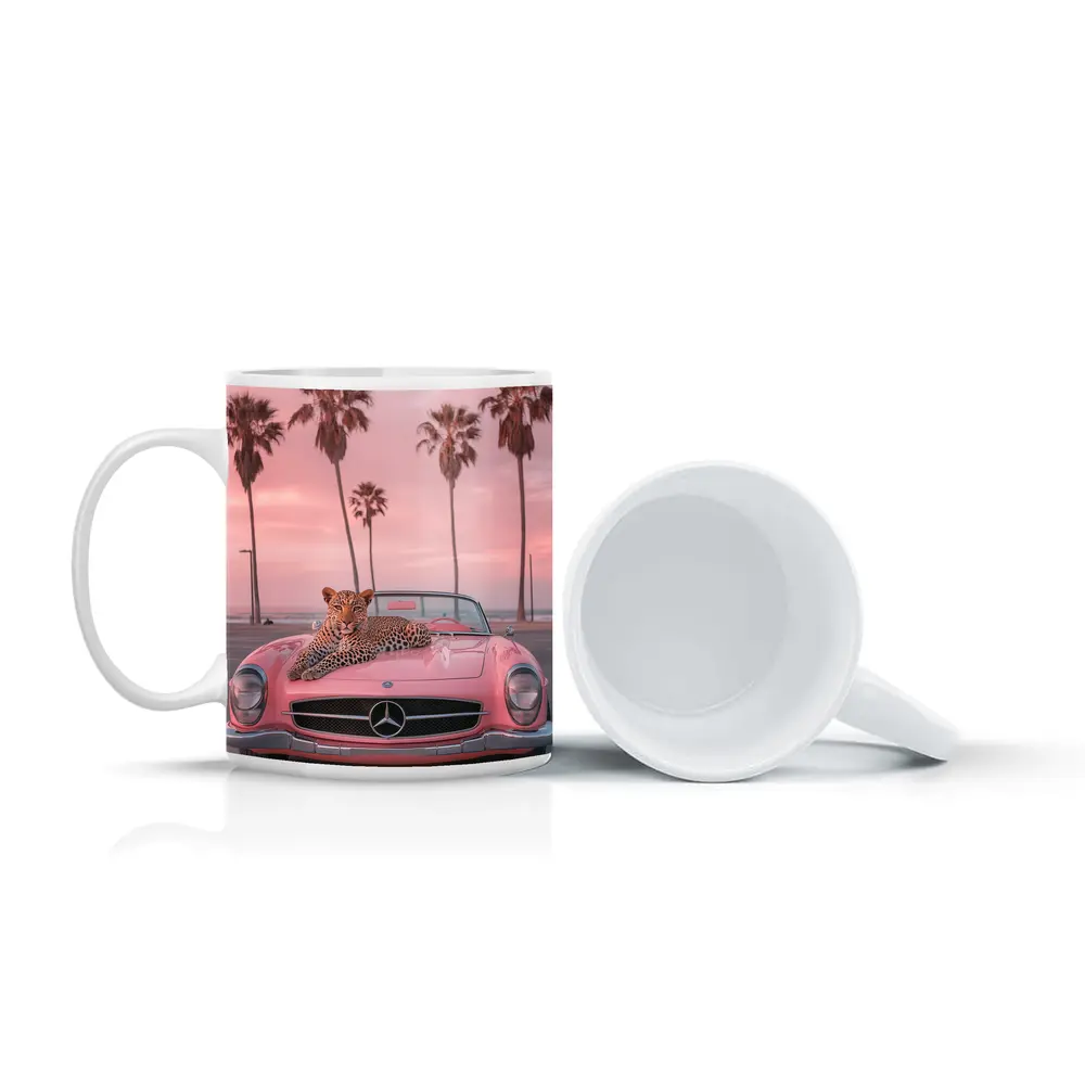 Leopard on Pink Mercedes Classic Car Beach – Mugs