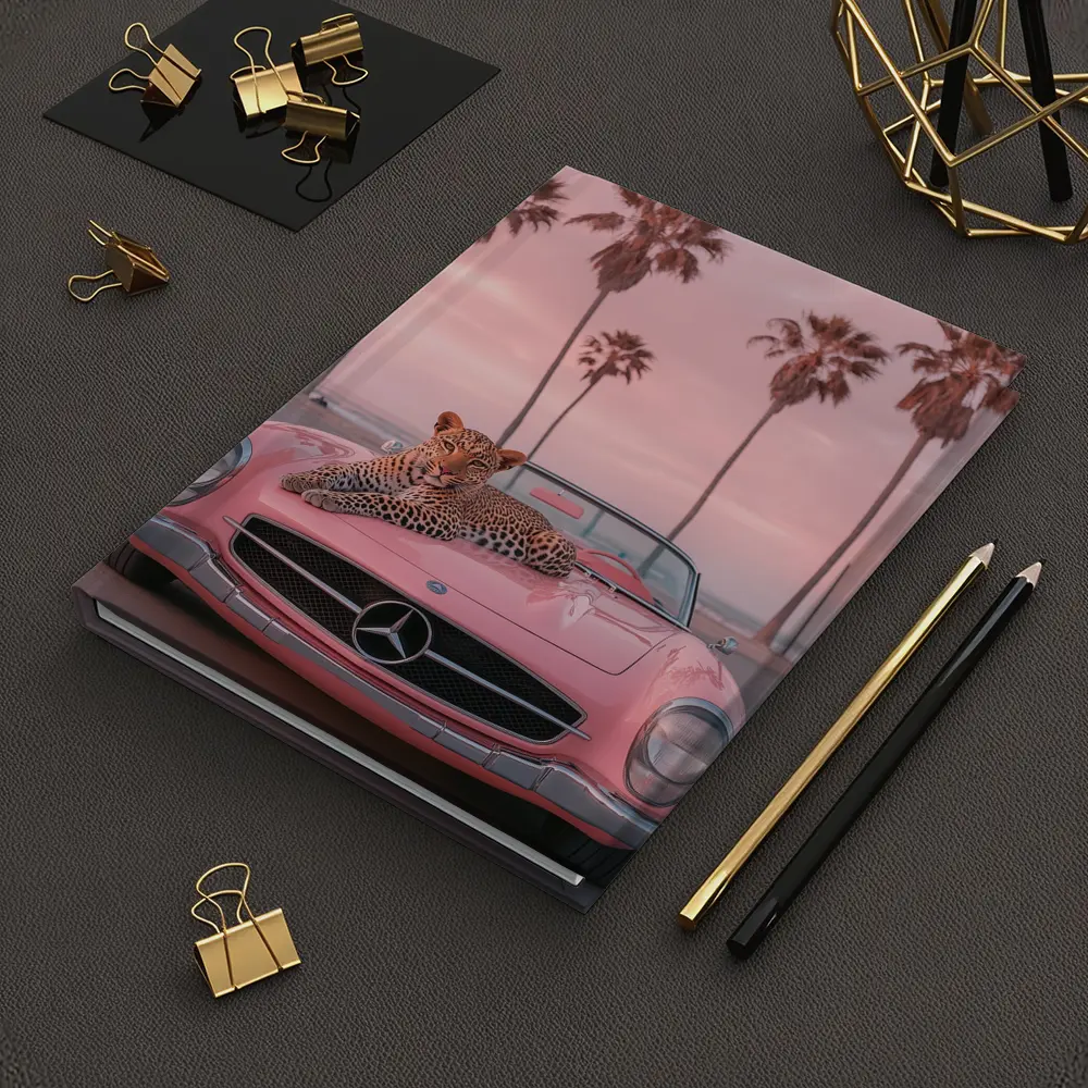 Leopard on Pink Mercedes Classic Car Beach – Notebooks