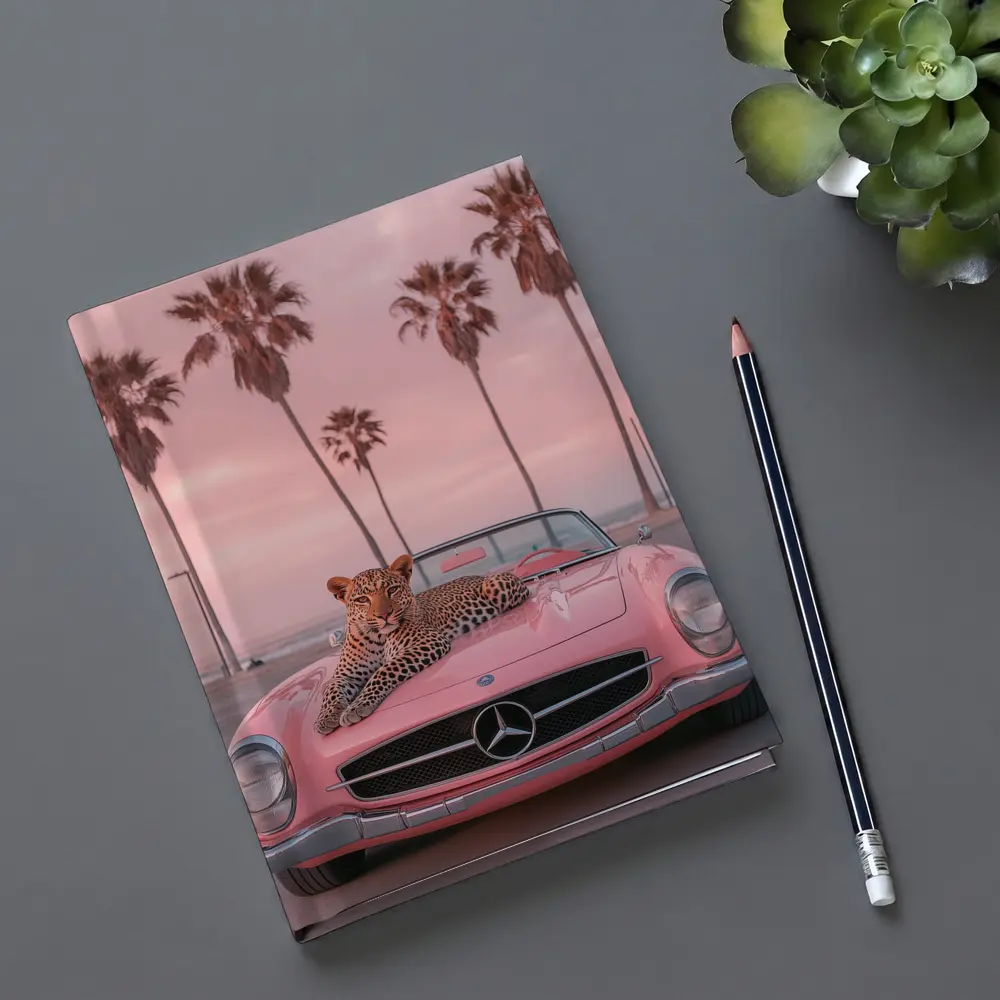 Leopard on Pink Mercedes Classic Car Beach – Notebooks