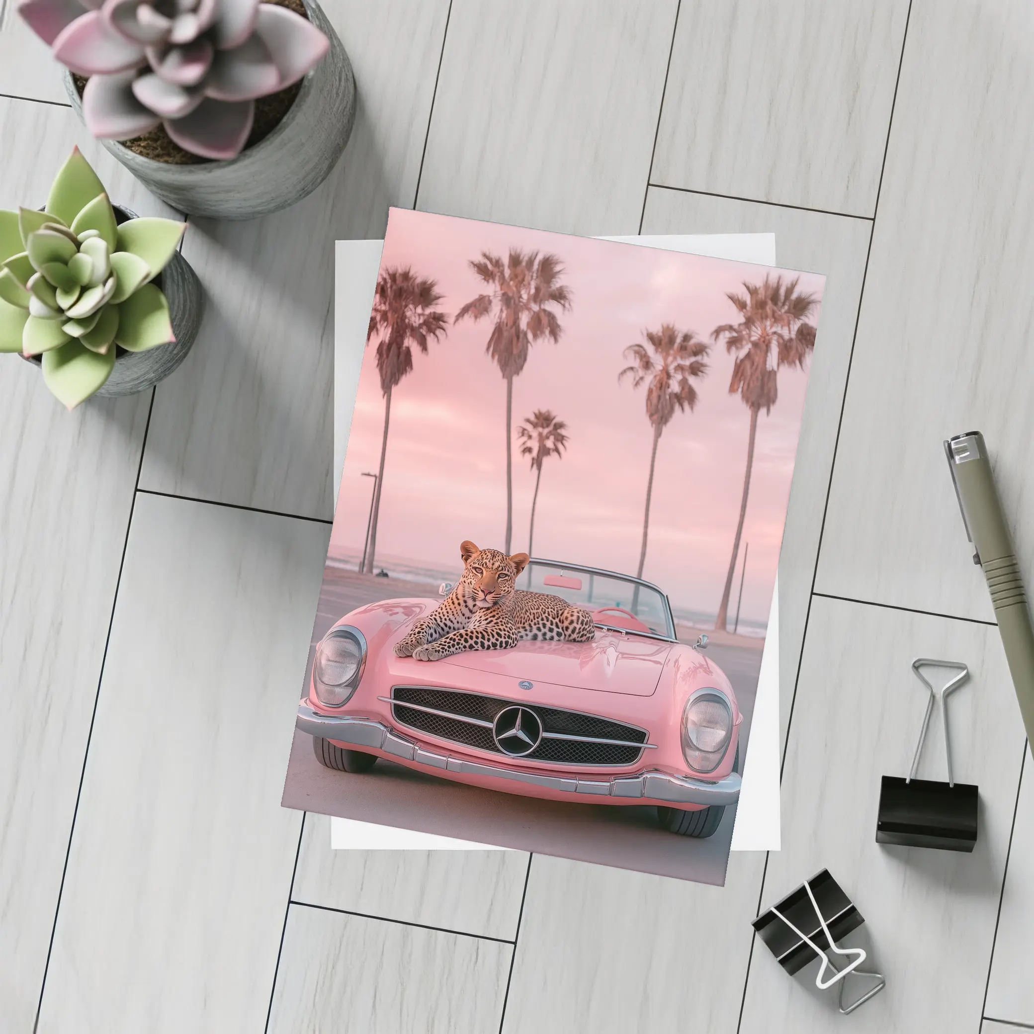 Leopard on Pink Mercedes Classic Car Beach – Postcards
