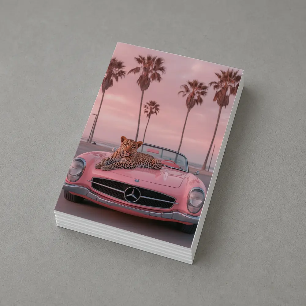 Leopard on Pink Mercedes Classic Car Beach – Postcards