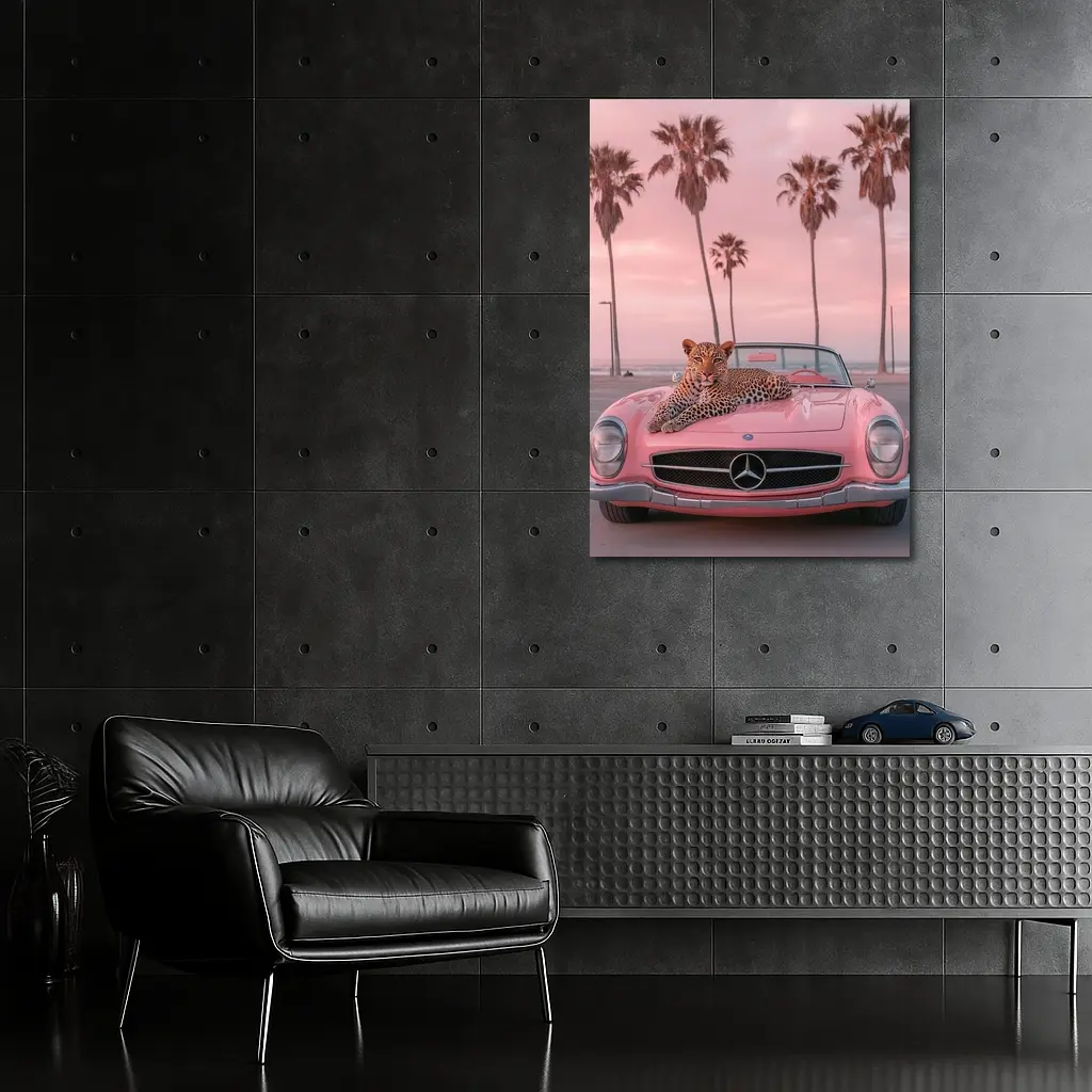 Leopard on Pink Mercedes Classic Car Beach – Wall Art