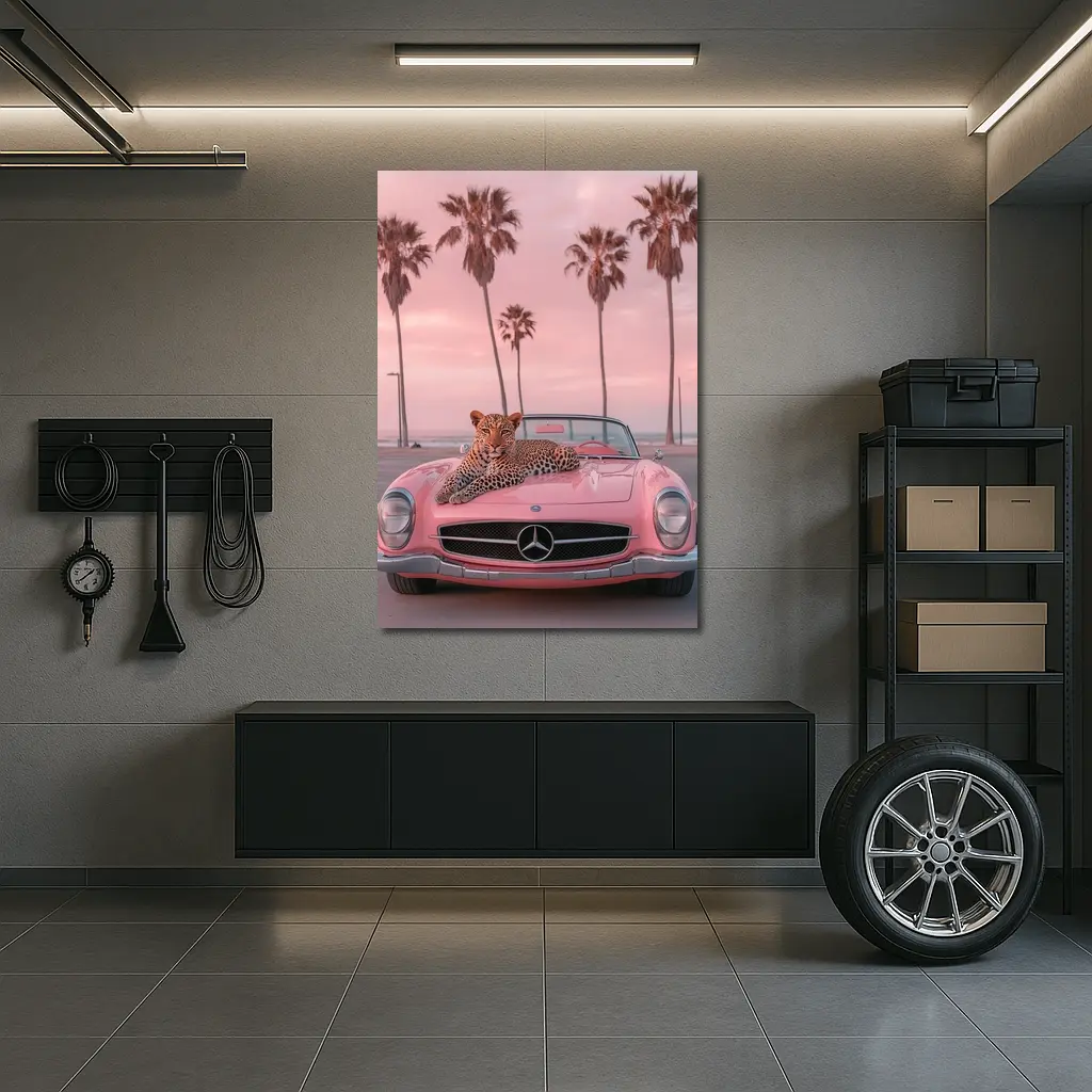 Leopard on Pink Mercedes Classic Car Beach – Wall Art