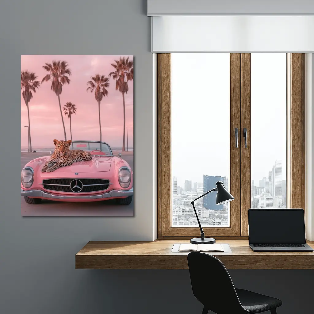 Leopard on Pink Mercedes Classic Car Beach – Wall Art