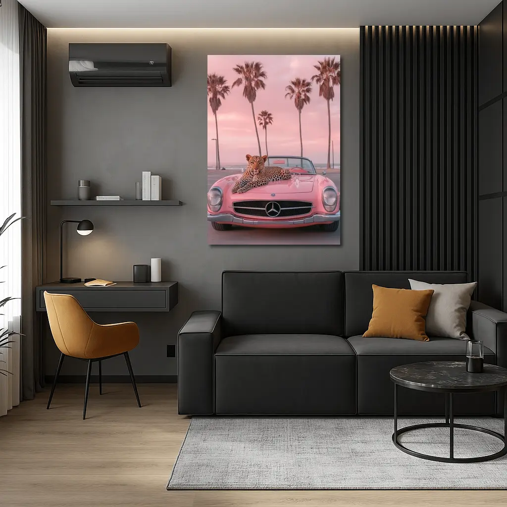 Leopard on Pink Mercedes Classic Car Beach – Wall Art