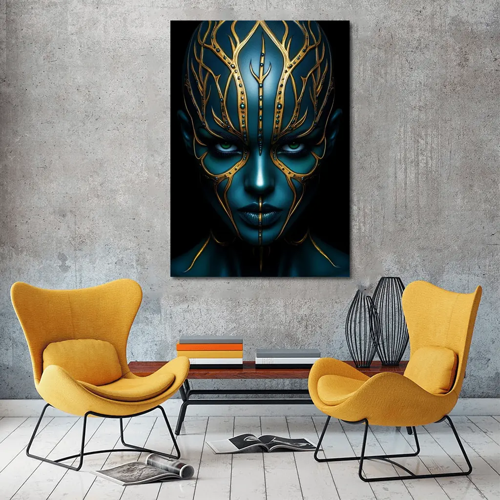 Blue Alien Woman Gold Ornamental Dark Portrait – Wall Art