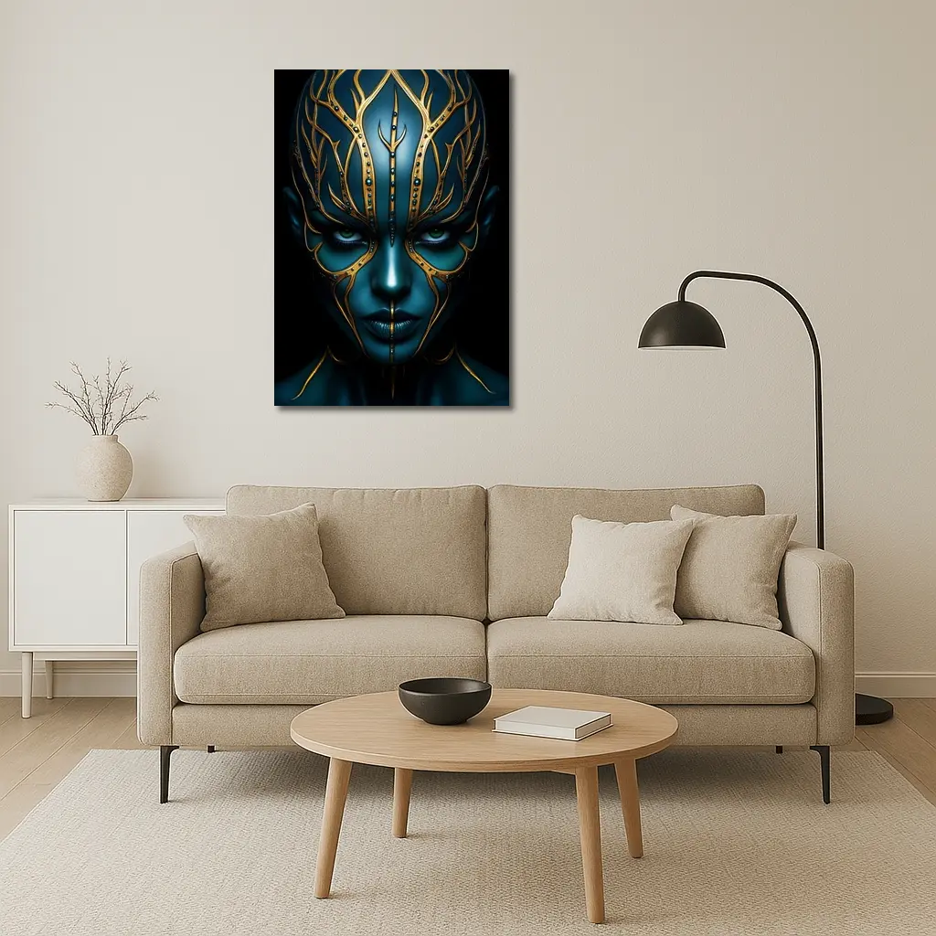 Blue Alien Woman Gold Ornamental Dark Portrait – Wall Art