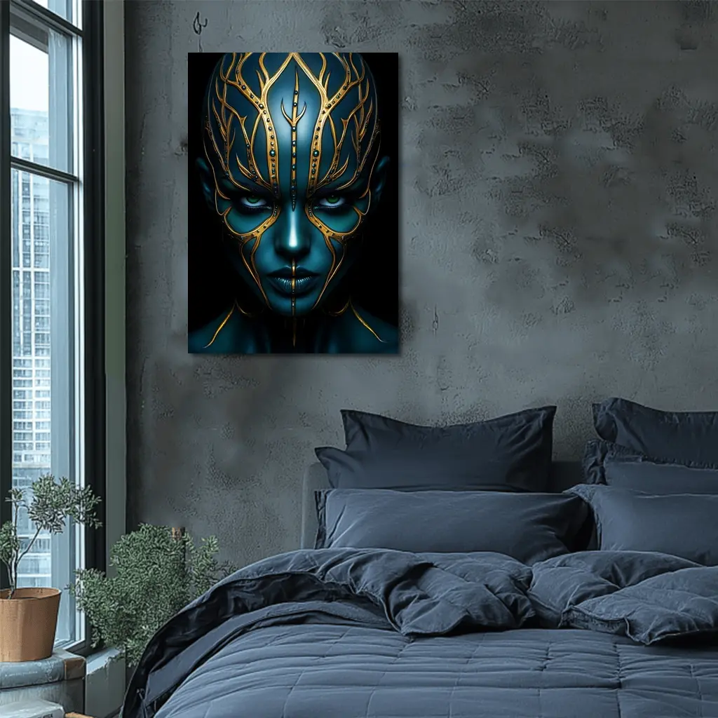 Blue Alien Woman Gold Ornamental Dark Portrait – Wall Art