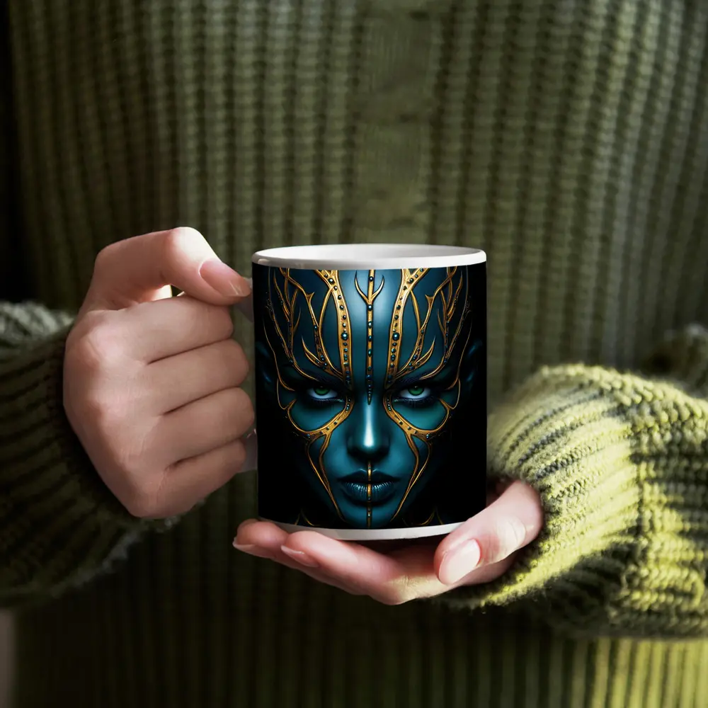 Blue Alien Woman Gold Ornamental Dark Portrait – Mugs
