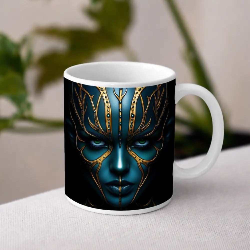 Blue Alien Woman Gold Ornamental Dark Portrait – Mugs