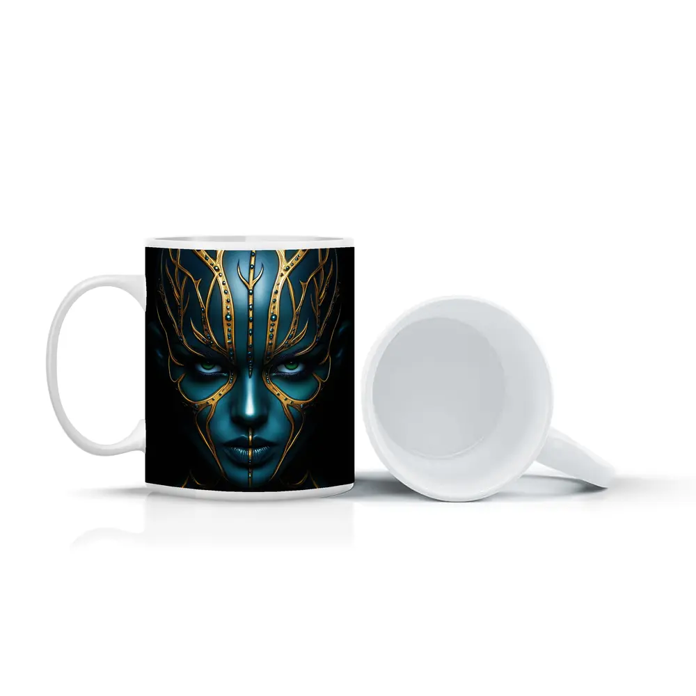 Blue Alien Woman Gold Ornamental Dark Portrait – Mugs
