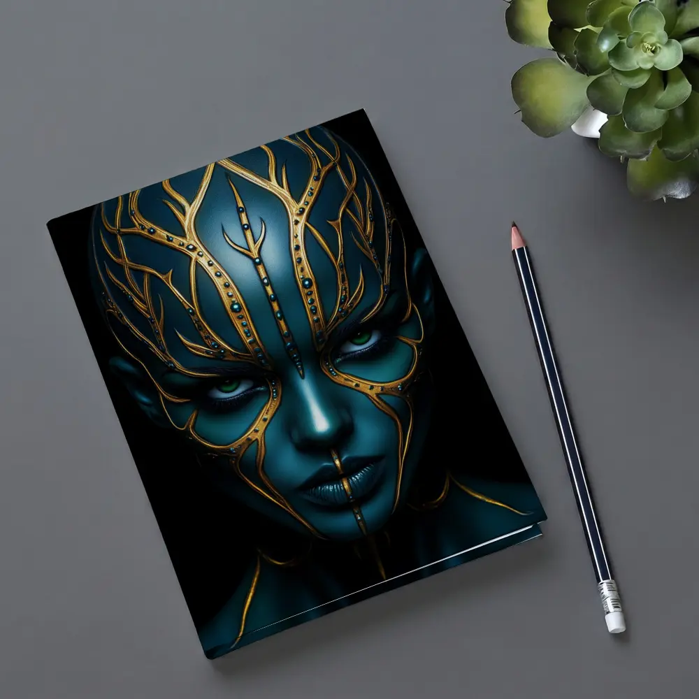 Blue Alien Woman Gold Ornamental Dark Portrait – Notebooks