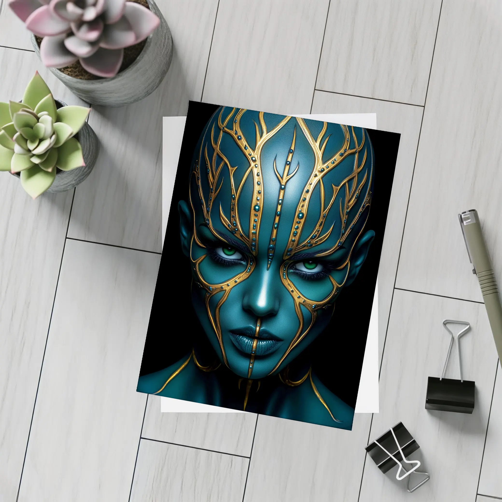 Blue Alien Woman Gold Ornamental Dark Portrait – Postcards