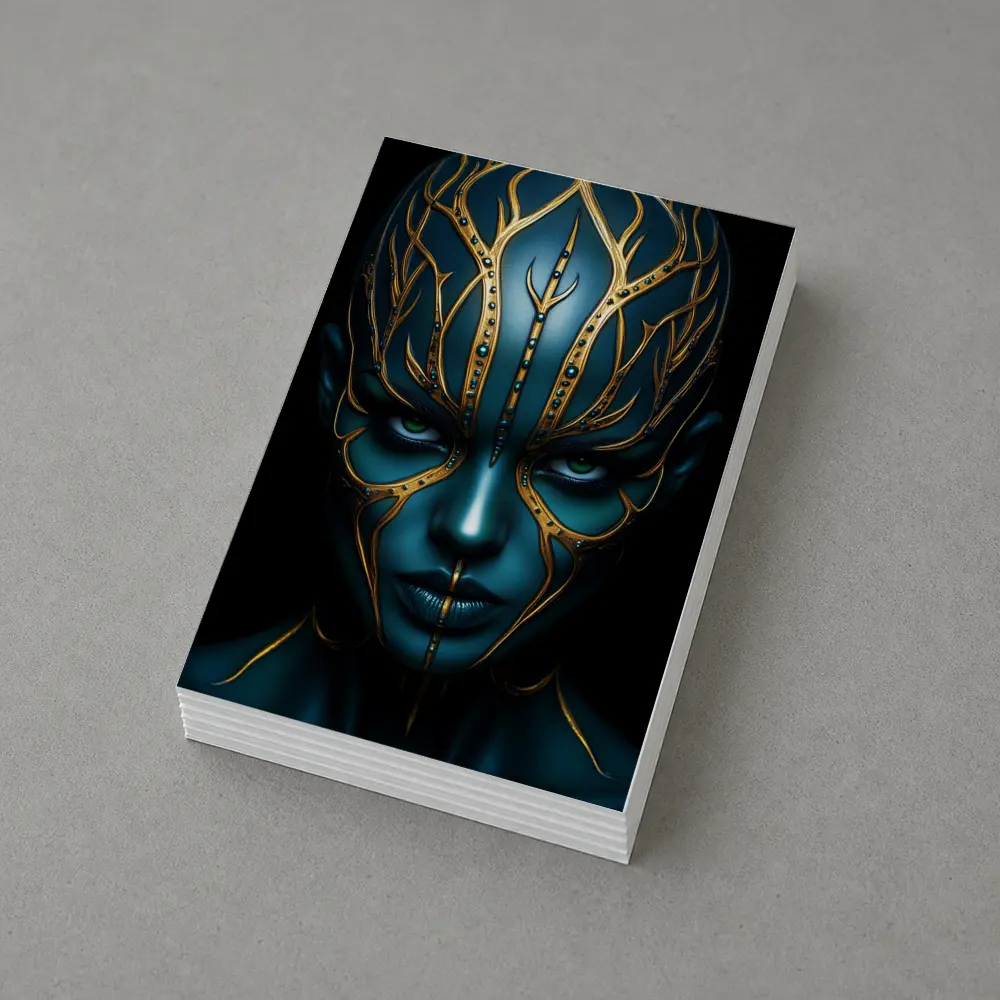 Blue Alien Woman Gold Ornamental Dark Portrait – Postcards