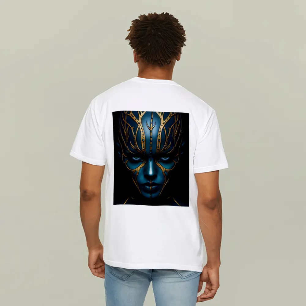 Blue Alien Woman Gold Ornamental Dark Portrait – T-Shirts