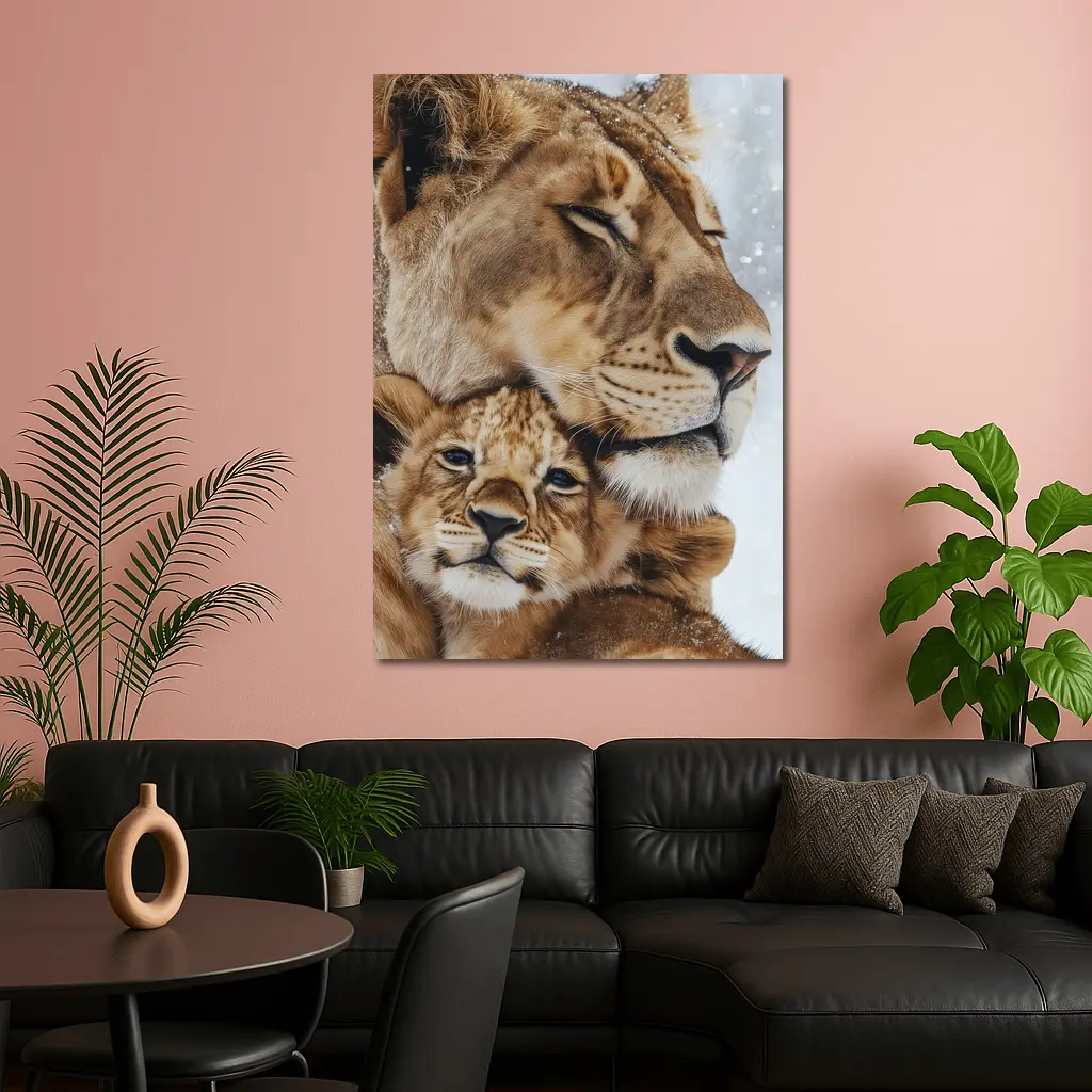 Lioness And Cub Close Up Snow – Wall Art