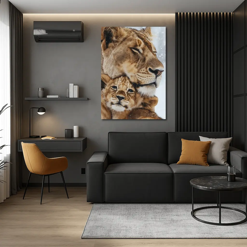 Lioness And Cub Close Up Snow – Wall Art