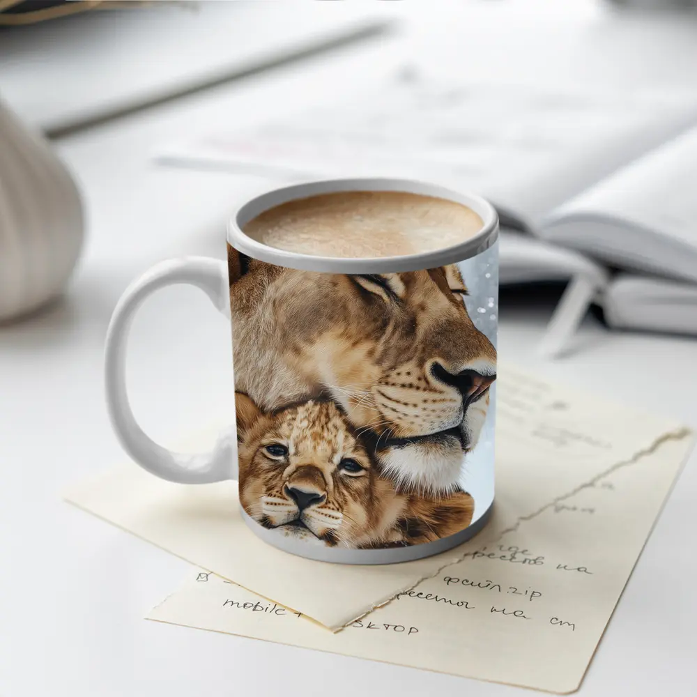 Lioness And Cub Close Up Snow – Mugs
