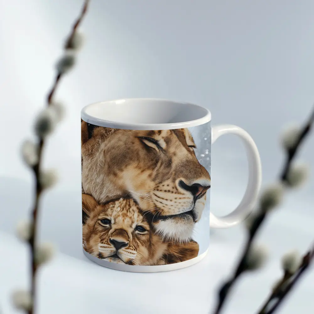 Lioness And Cub Close Up Snow – Mugs