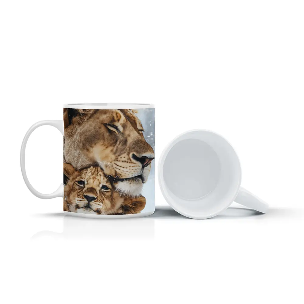 Lioness And Cub Close Up Snow – Mugs