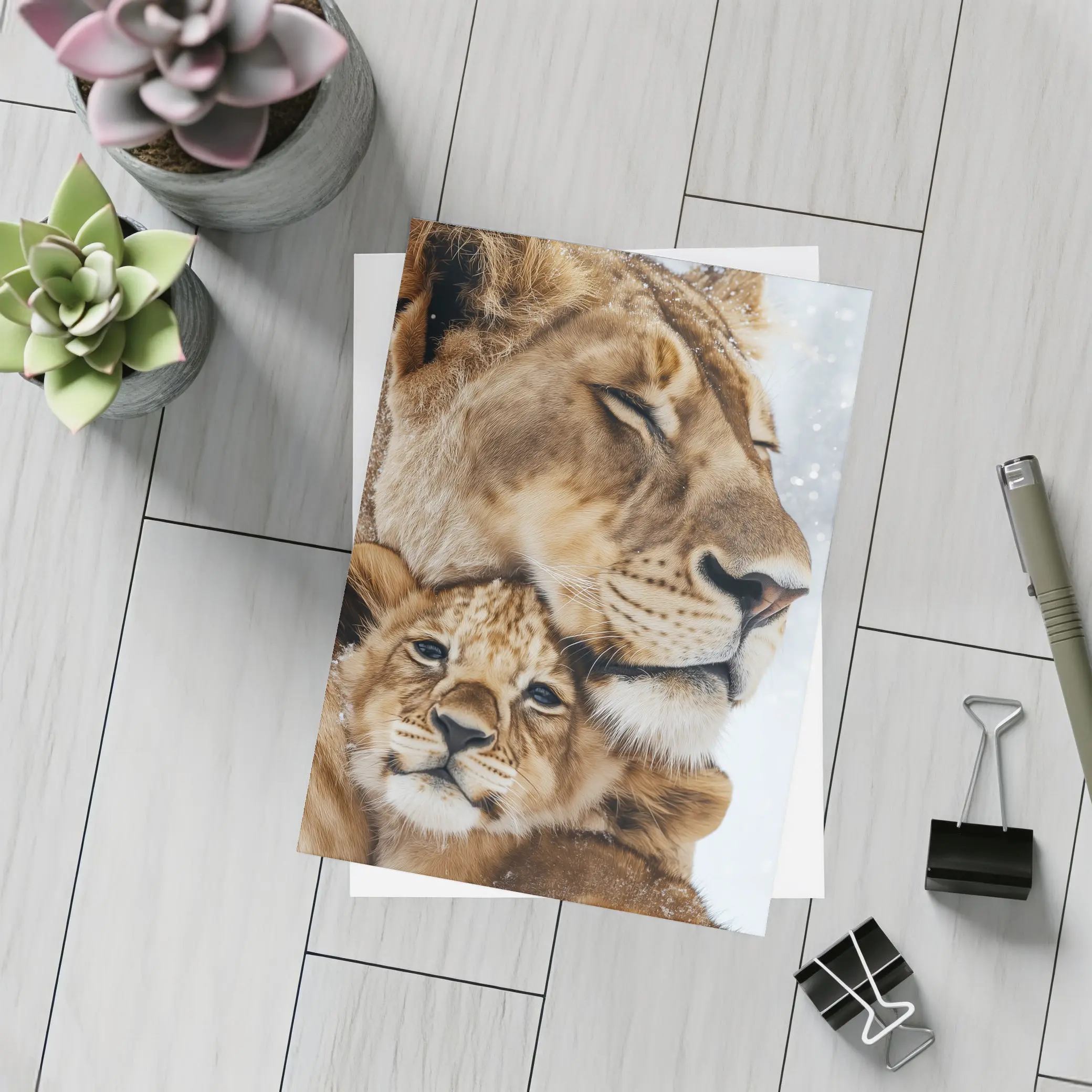Lioness And Cub Close Up Snow – Postcards