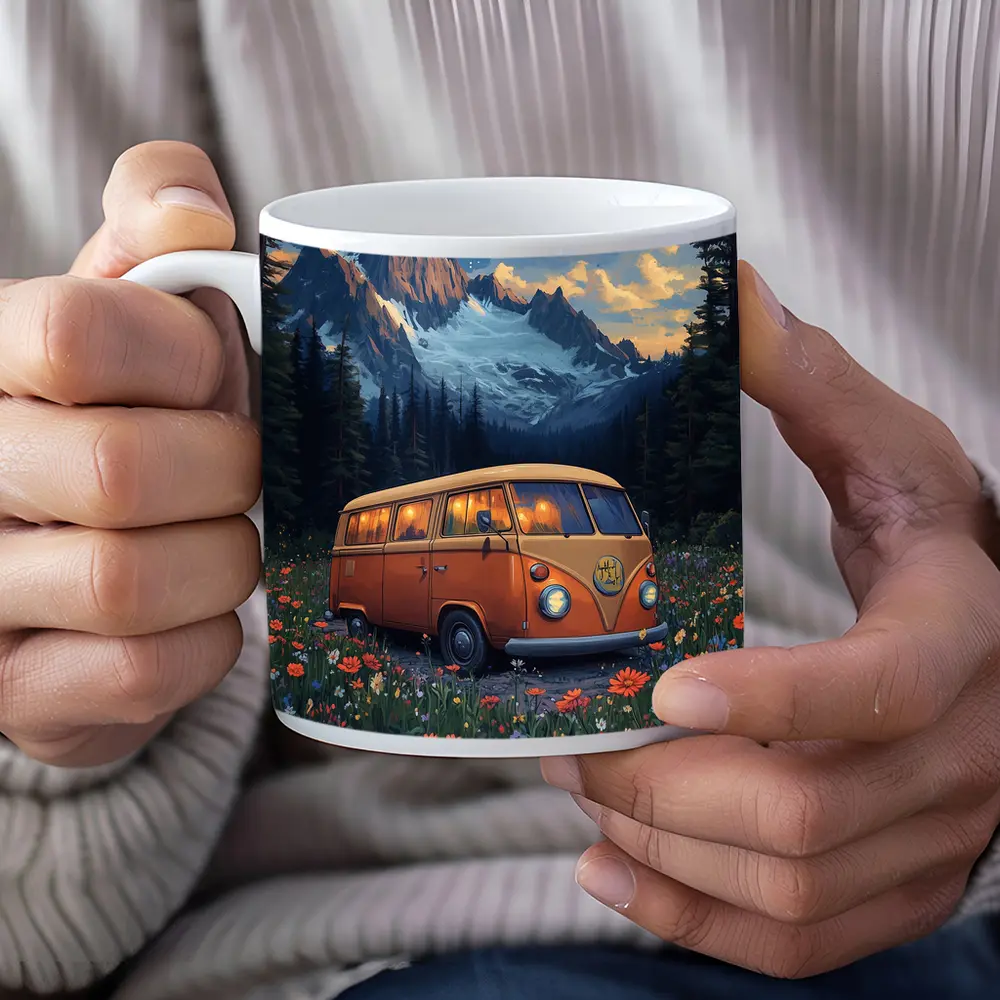 Volkswagen Bus Wildflower Meadow Mountain Night – Mugs