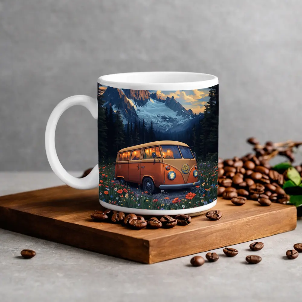 Volkswagen Bus Wildflower Meadow Mountain Night – Mugs