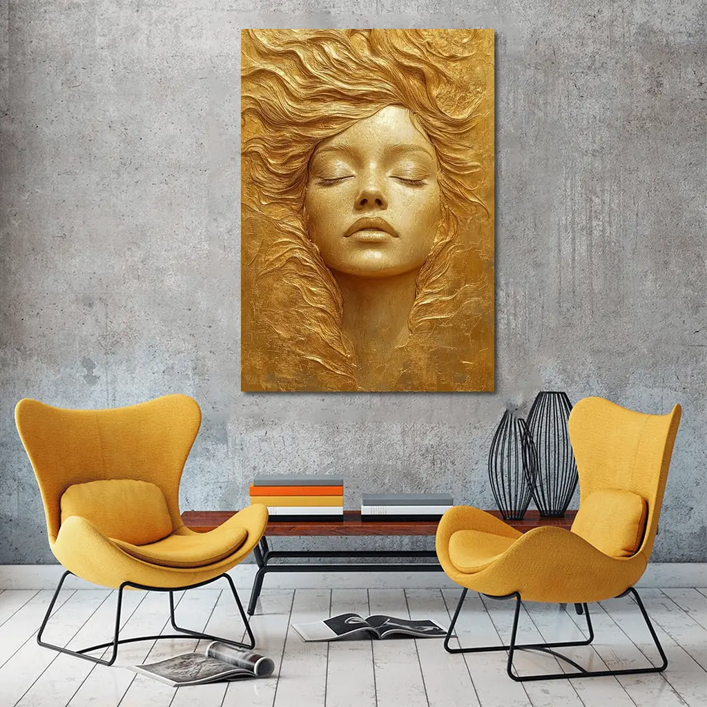 Golden Woman Face Relief Sculpture Art – Wall Art