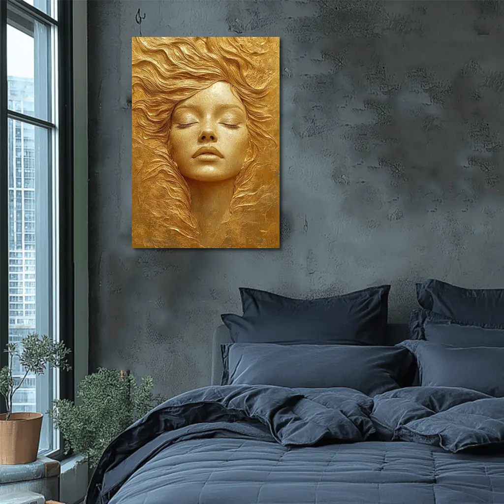 Golden Woman Face Relief Sculpture Art – Wall Art