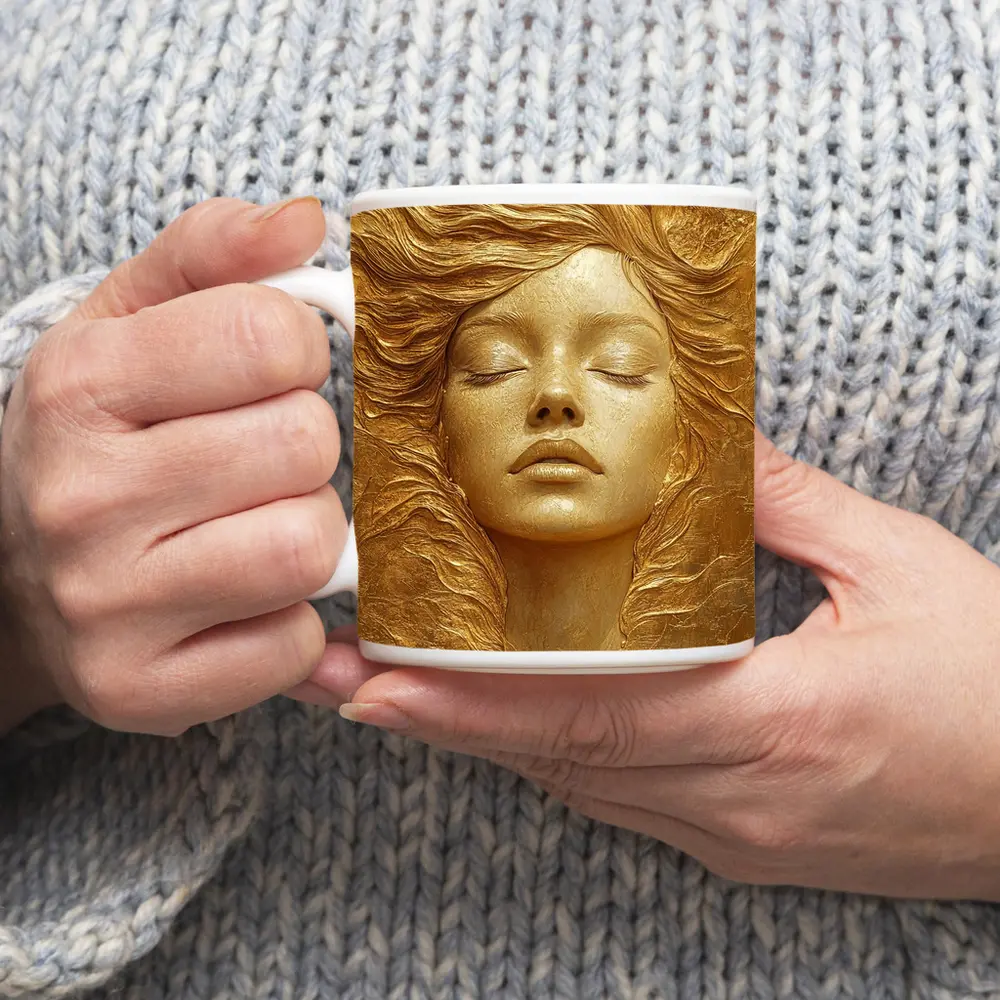 Golden Woman Face Relief Sculpture Art – Mugs