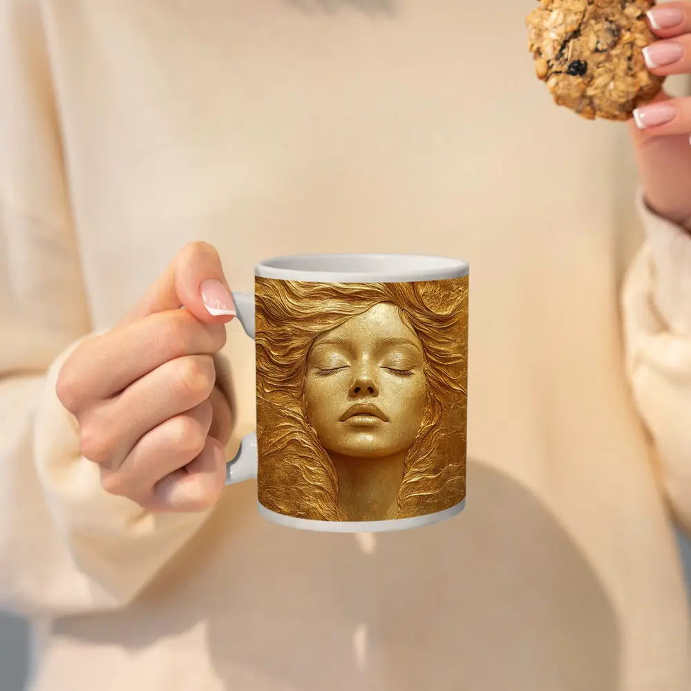 Golden Woman Face Relief Sculpture Art – Mugs